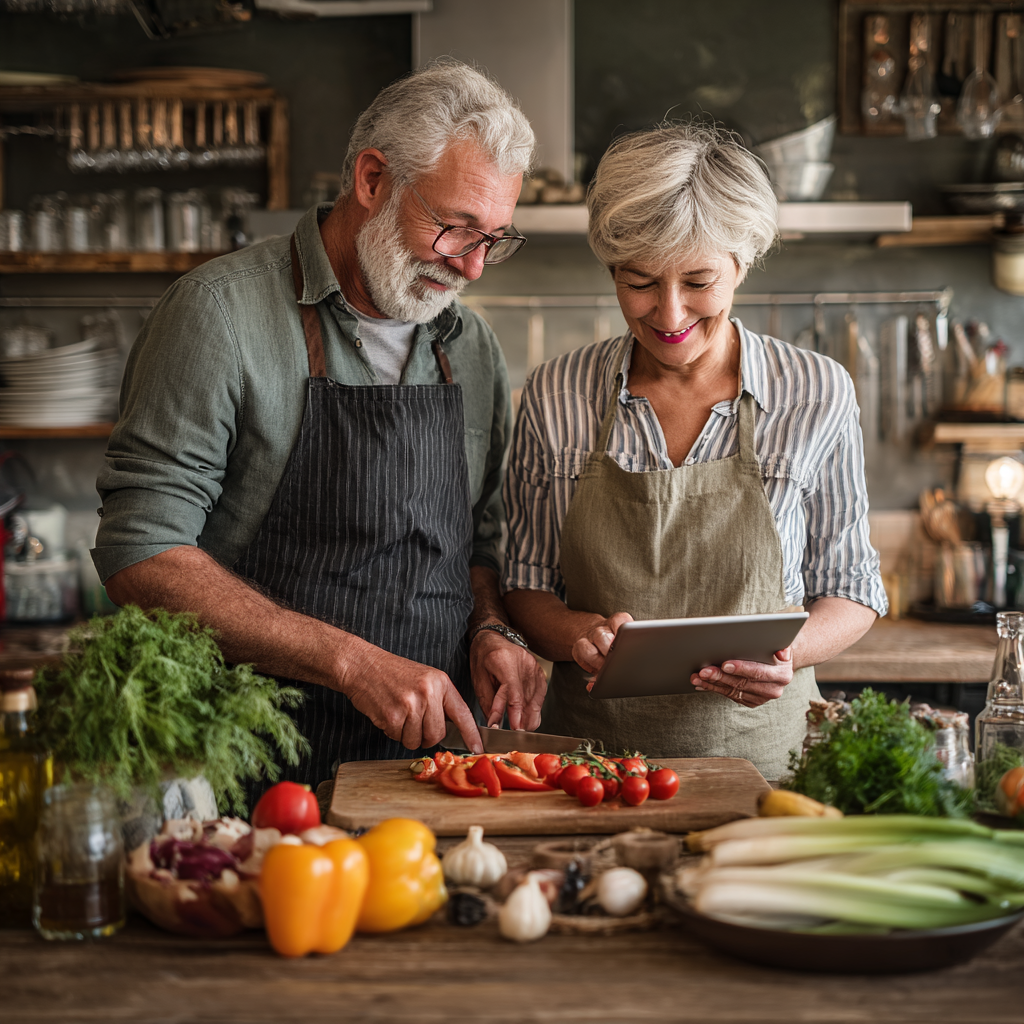 Подружжя у віці 60 років разом готує здорову їжу за рецептом з планшета tremvalisk, на кухні багато свіжих інгредієнтів