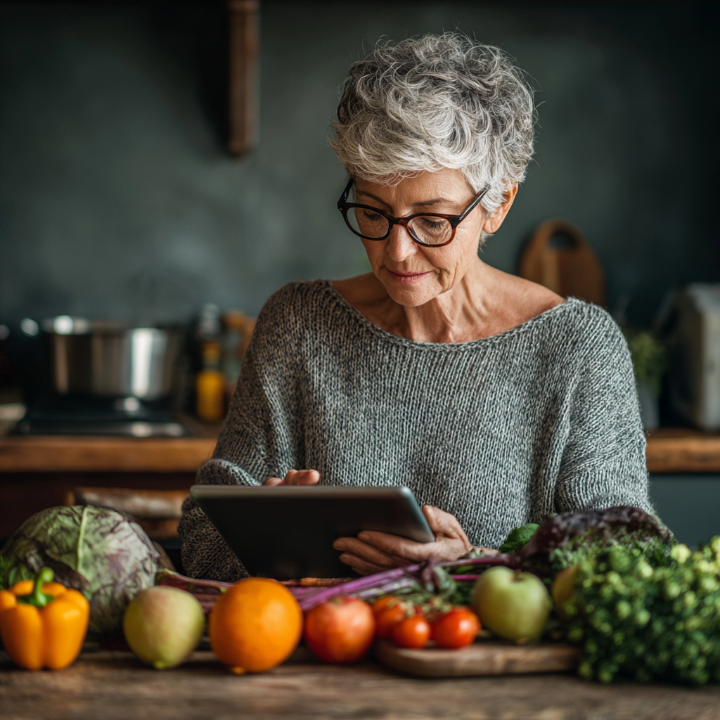 Жінка у віці 55 років сидить за столом з планшетом, переглядає персональне меню tremvalisk, на столі лежать свіжі овочі та фрукти