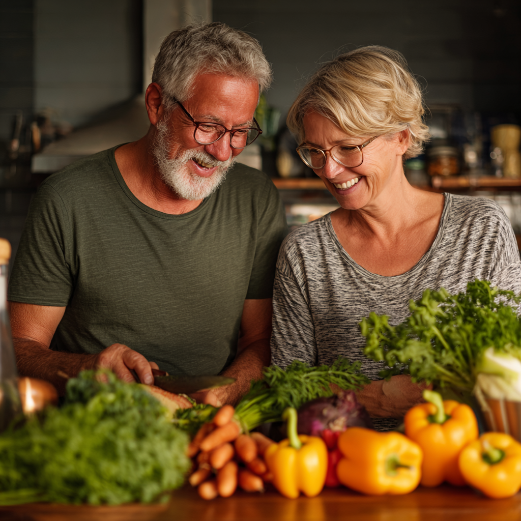 Чоловік та жінка у віці 50-60 років готують здорову їжу разом на кухні, посміхаються та тримають свіжі овочі